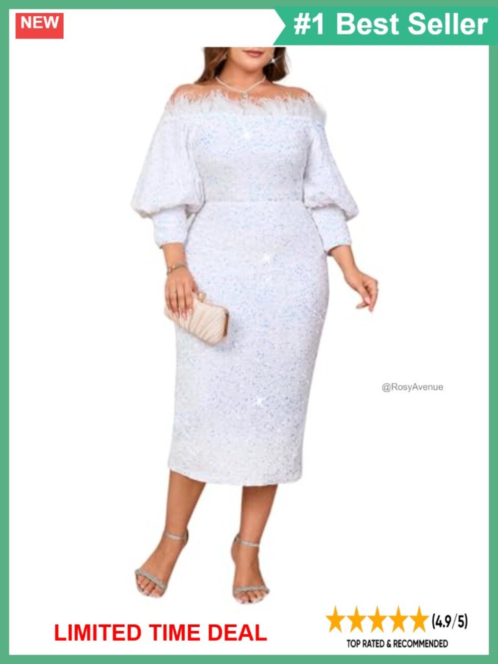 Off Shoulder Sequin Bodycon Midi Dress Puff Sleeve Party Cocktail Formal